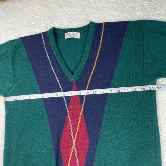 VTG 100% Super Lambswool Scotland Forest Green Argyle V-neckline Preppy Sweater - Picture 11 of 14